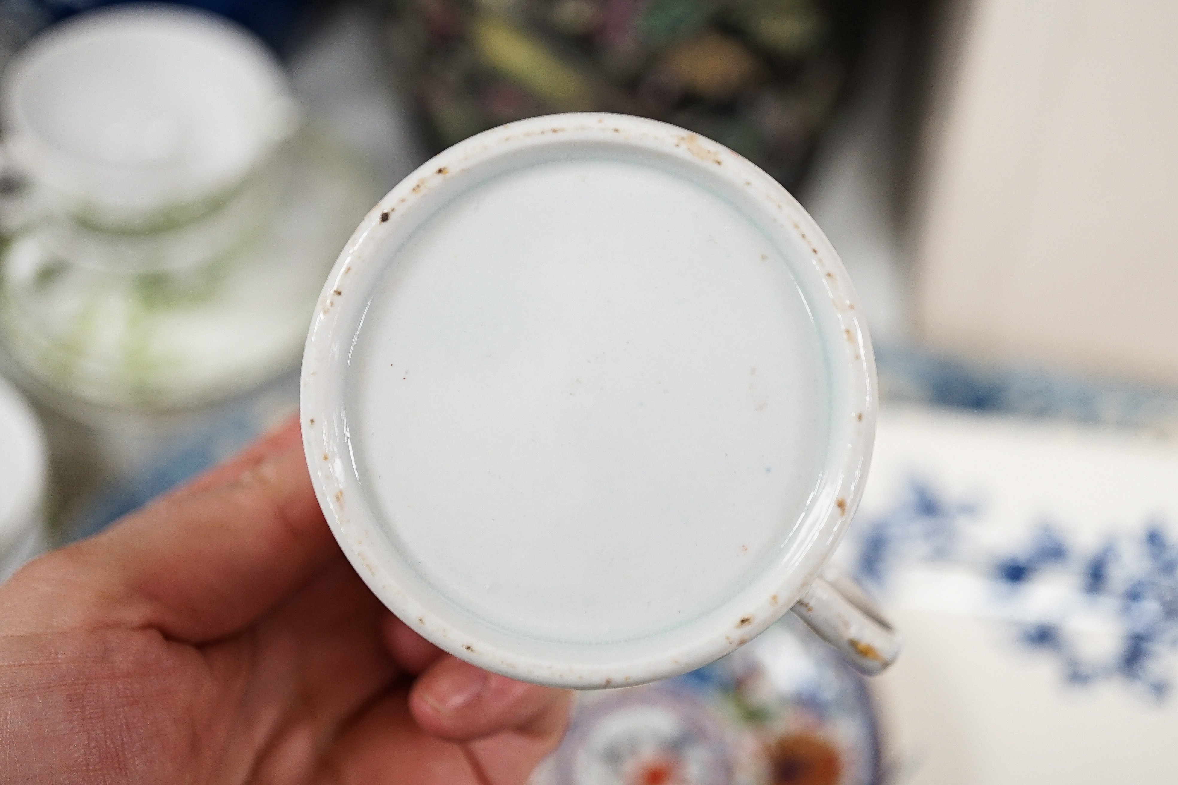 A 19th century enamel pottery jardiniere, Chinese jar and cover, a Copelands hand painted tea set, 2 blue and white meat platters, a Imari style cup and saucer etc. Jardiniere 19 cms, high.